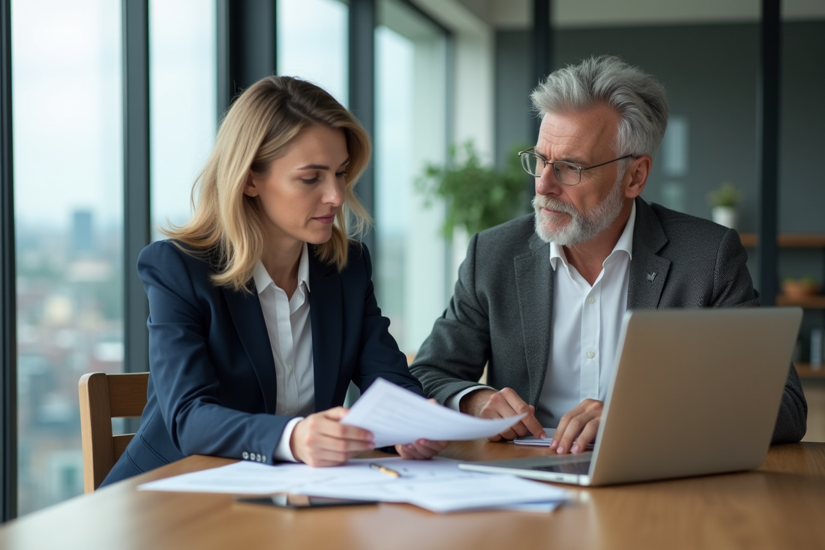 Deux professionnels en réunion dans un bureau lumineux