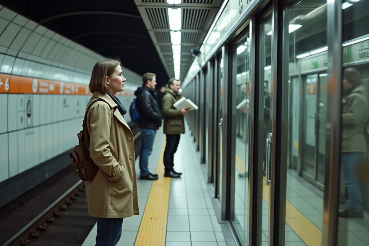 Quai de station du métro ligne 4 Paris avec portes palières automatiques et voyageurs en attente