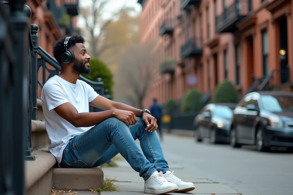 Rappeur américain assis sur un perron de brownstone avec un casque audio, ambiance hip-hop street authentique