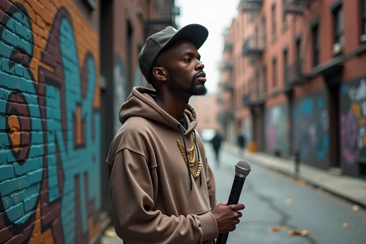 Jeune rappeur américain devant un mur de graffitis à New York, tenant un microphone, ambiance rap urbain authentique