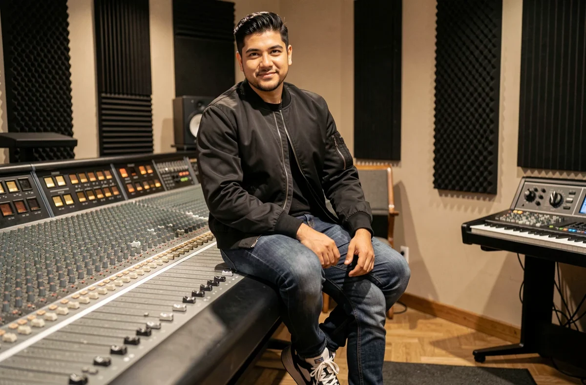 Rappeur en studio d'enregistrement assis sur une console de mixage avec une expression confiante, évoquant le brag rap et la mise en scène de soi