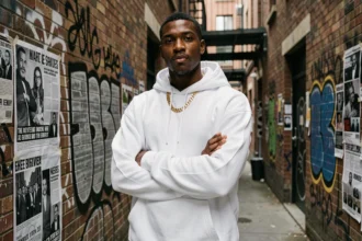 Jeune rappeur confiant en hoodie blanc et chaîne dorée devant un mur de graffitis urbains, illustrant l'ego trip dans le rap