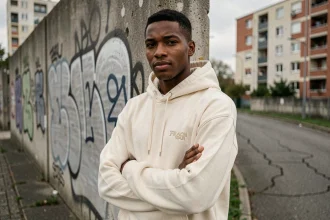 Jeune rappeur du Val-d'Oise posant devant un mur de béton taggué dans une cité de banlieue parisienne