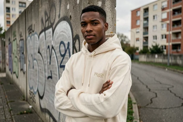 Jeune rappeur du Val-d'Oise posant devant un mur de béton taggué dans une cité de banlieue parisienne