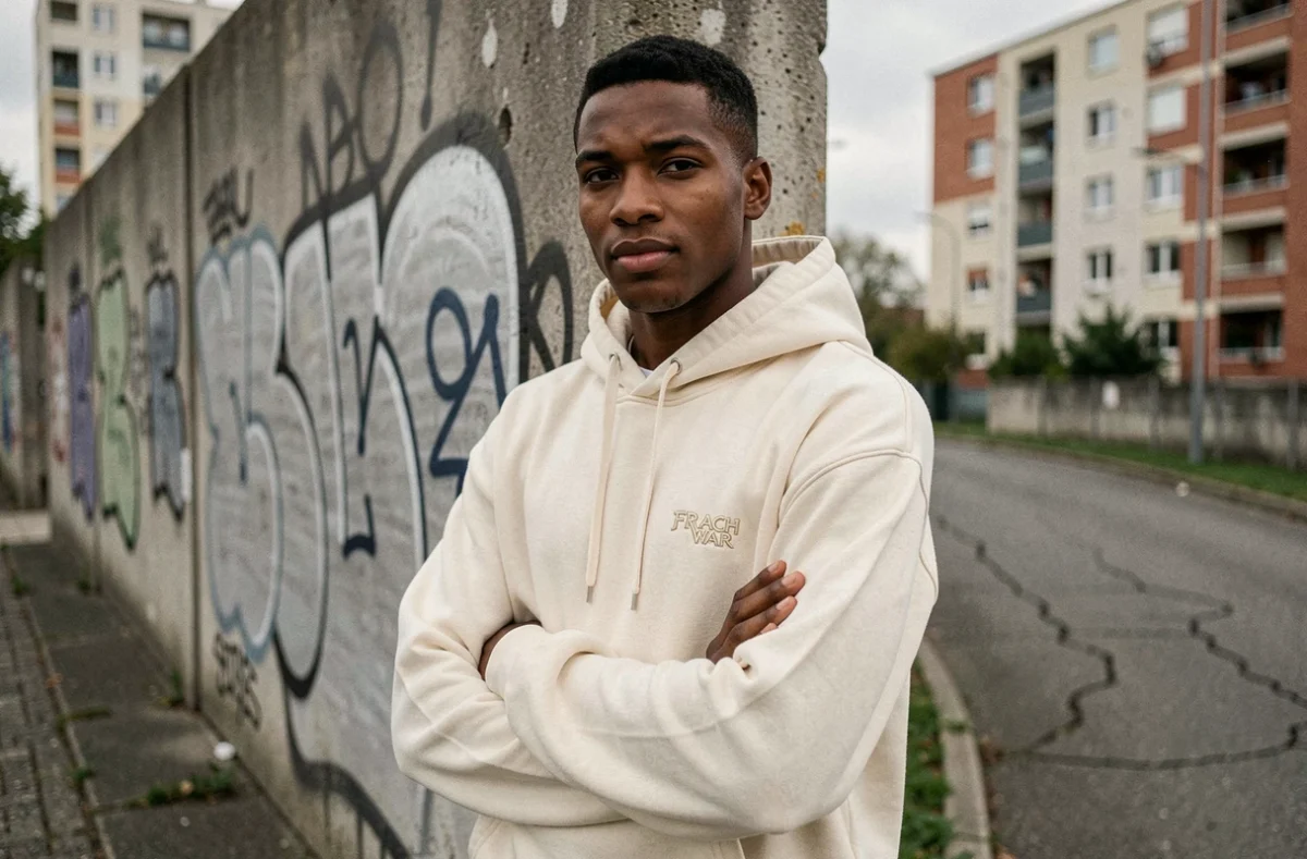 Jeune rappeur du Val-d'Oise posant devant un mur de béton taggué dans une cité de banlieue parisienne