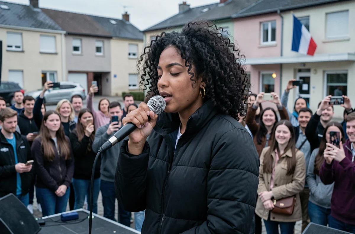 Jeune rappeuse du Val-d'Oise performant sur scène lors d'un événement de rap urbain en plein air