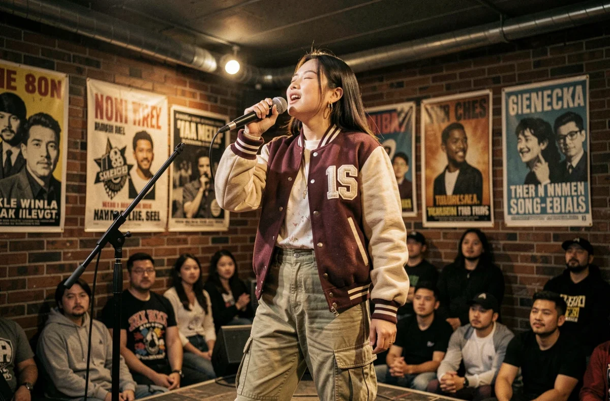 Rappeuse asiatique sur scène dans un club underground tenant un micro avec intensité, illustrant la frontière entre ego trip et brag rap féminin