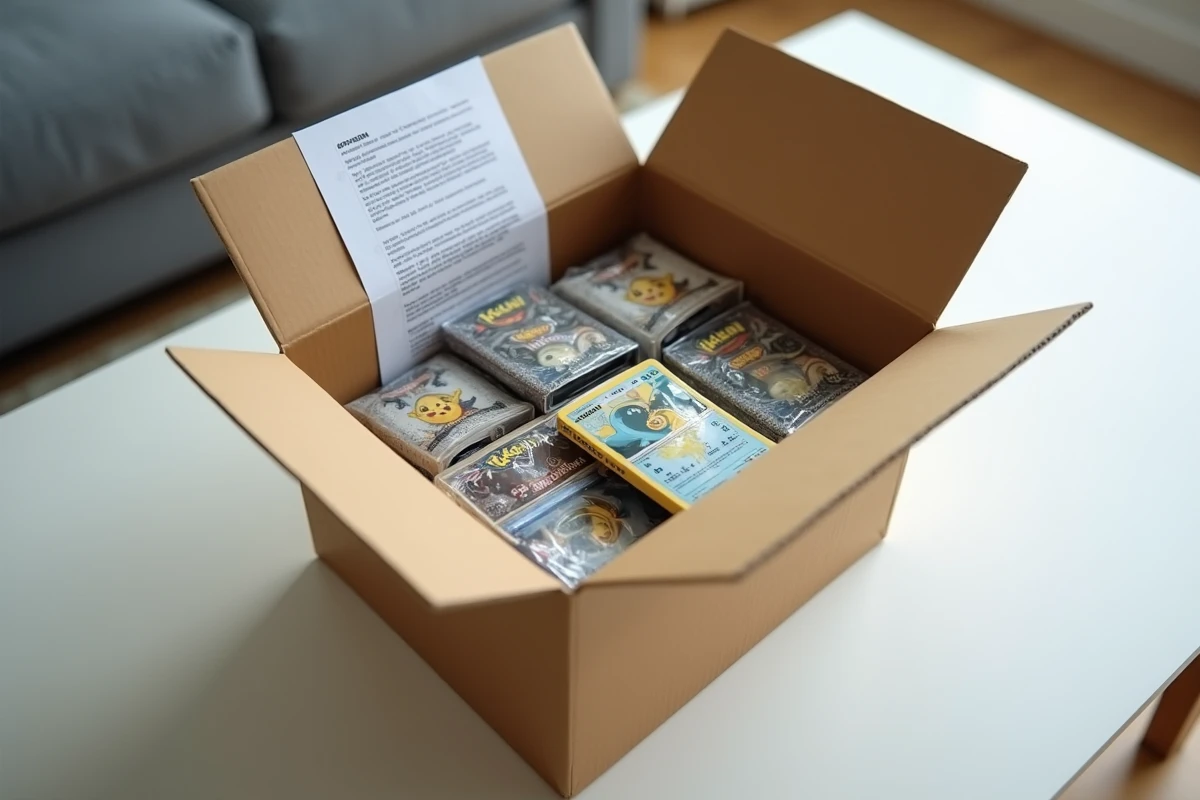 Colis de commande en ligne ouvert contenant des boosters et cartes Pokémon en sleeves de protection posé sur une table en bois