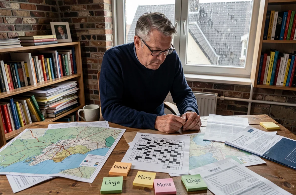 Homme analysant des cartes et une grille de mots croisés pour trouver des villes belges en 4 lettres dans un bureau à domicile