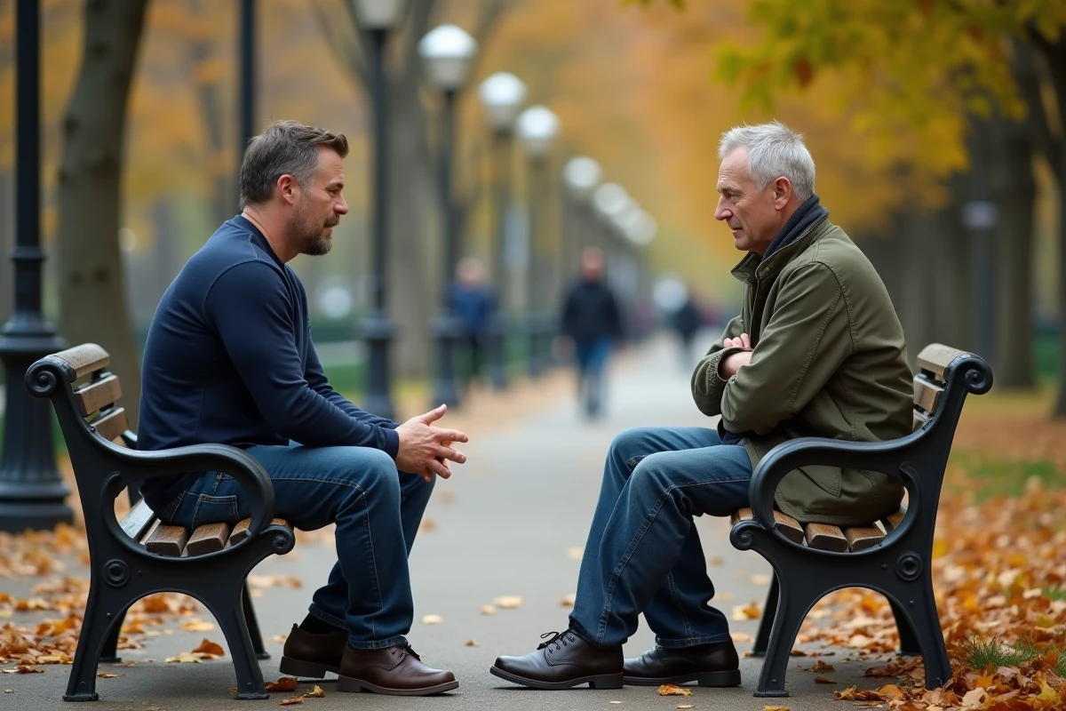 Deux hommes sur un banc de parc dans une conversation difficile illustrant la réconciliation après une trahison
