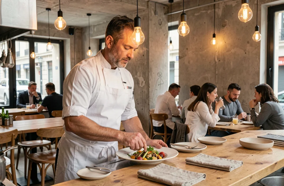 Chef cuisinier dressant une assiette dans un restaurant moderne au cœur du quartier Montparnasse à Paris