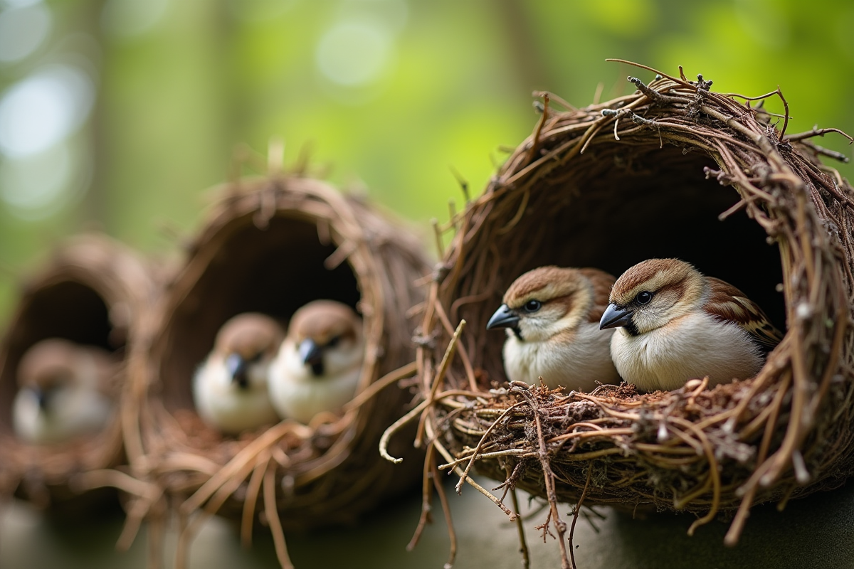 Plusieurs roussards dans des niches naturelles en branches