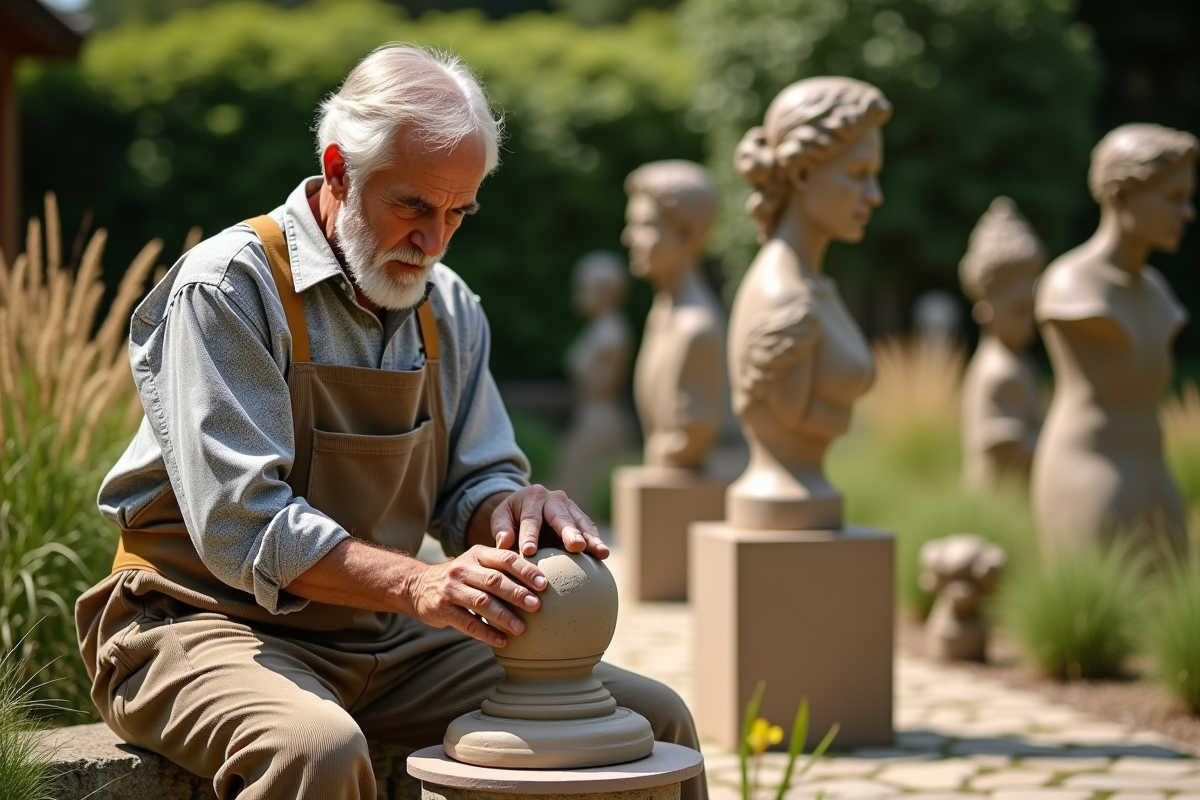 Sculpteur âgé façonnant une sculpture en plein air