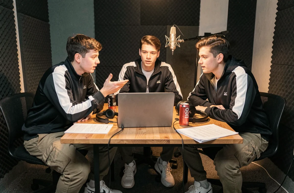 Groupe de jeunes rappeurs du 95 en session d'enregistrement dans un studio maison artisanal