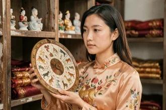 Femme tenant une roue du zodiaque chinois illustrant la compatibilité des signes en 1993