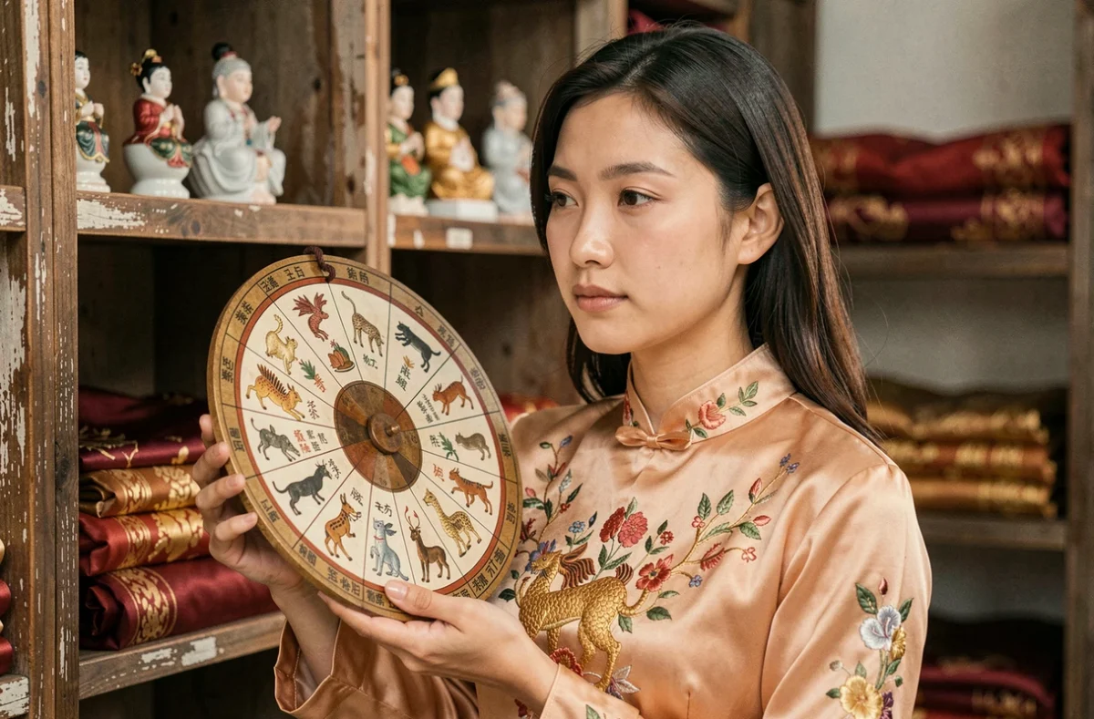 Femme tenant une roue du zodiaque chinois illustrant la compatibilité des signes en 1993