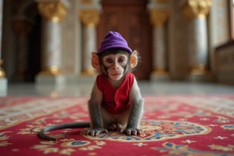 Jeune singe capucin en habit rouge dans un palais opulent