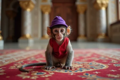 Jeune singe capucin en habit rouge dans un palais opulent