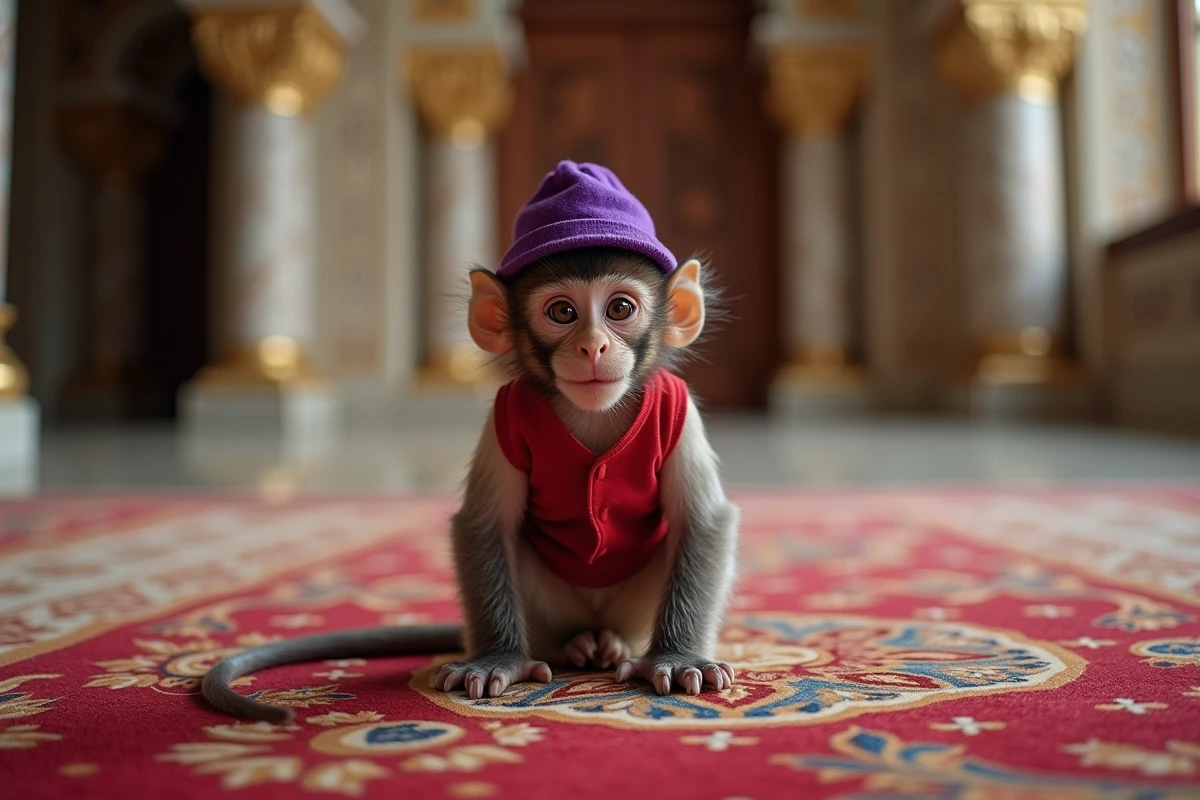 Jeune singe capucin en habit rouge dans un palais opulent