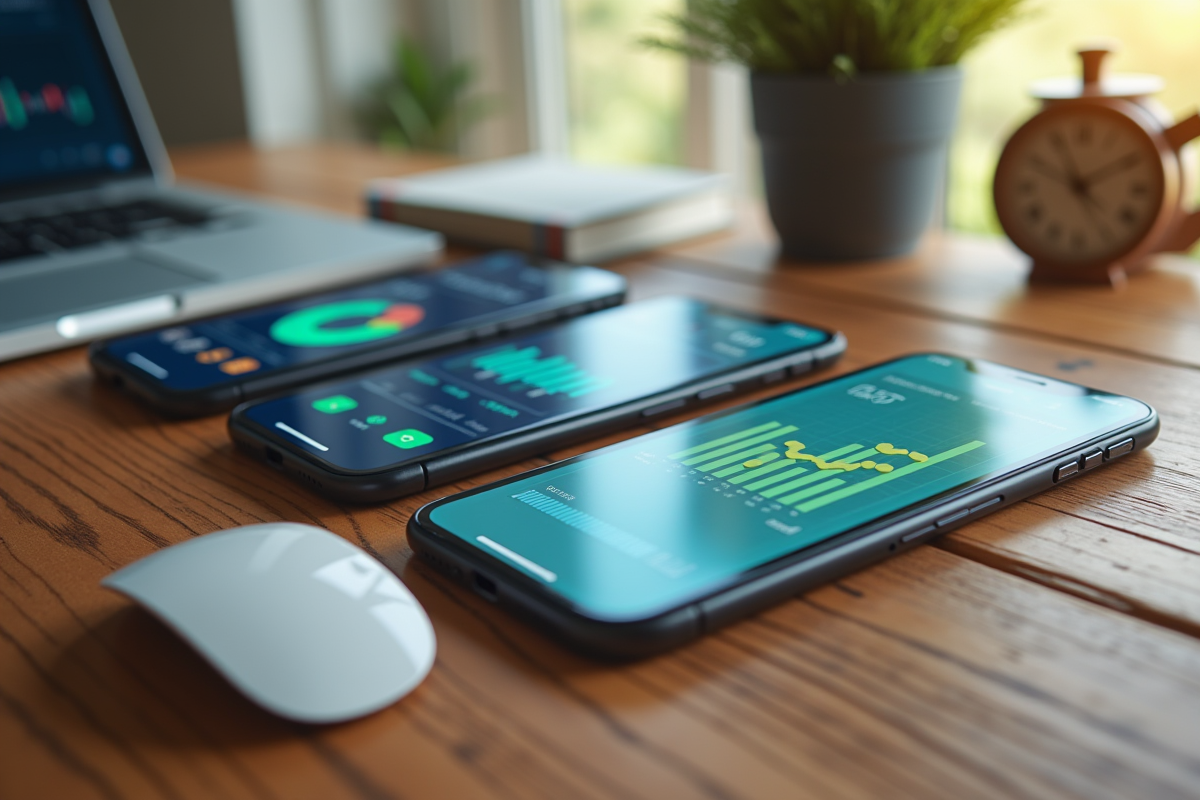 Plusieurs smartphones affichant des applications de gestion financière