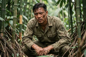 Soldat américain en uniforme usé accroupi dans la jungle vietnamienne dense, illustration d'un film de guerre réaliste sur le Vietnam