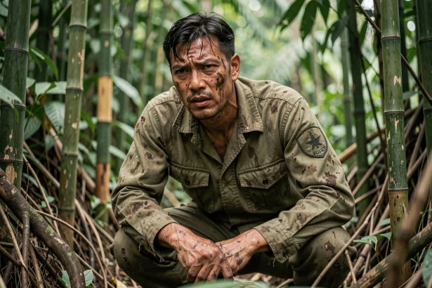 Soldat américain en uniforme usé accroupi dans la jungle vietnamienne dense, illustration d'un film de guerre réaliste sur le Vietnam