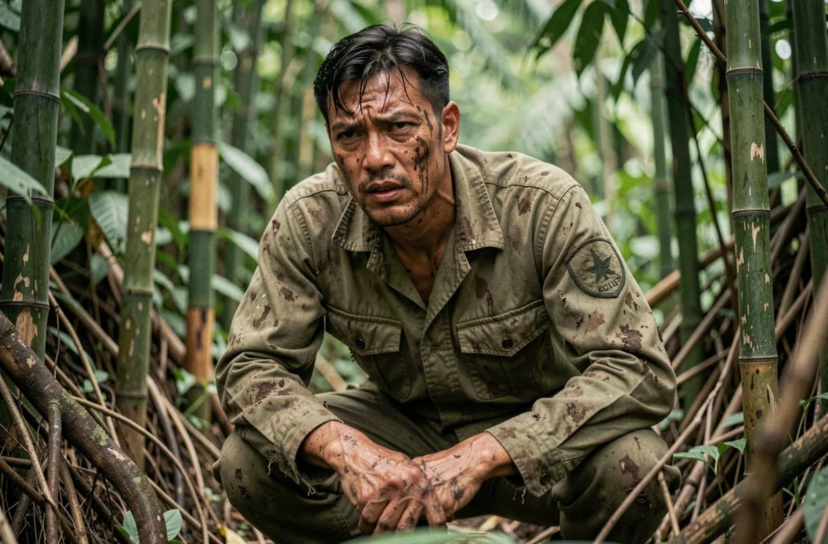 Soldat américain en uniforme usé accroupi dans la jungle vietnamienne dense, illustration d'un film de guerre réaliste sur le Vietnam