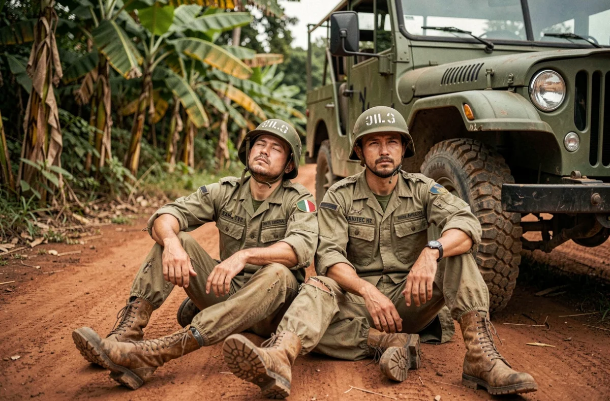Deux soldats américains épuisés assis près d'une jeep militaire sur une route en terre rouge au Vietnam, photographie de style photojournalisme de guerre réaliste