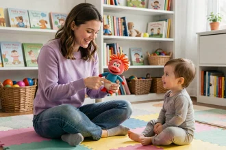 Jeune femme utilisant une peluche Tinky Winky pour stimuler le langage d'un tout-petit sur un tapis de jeu coloré