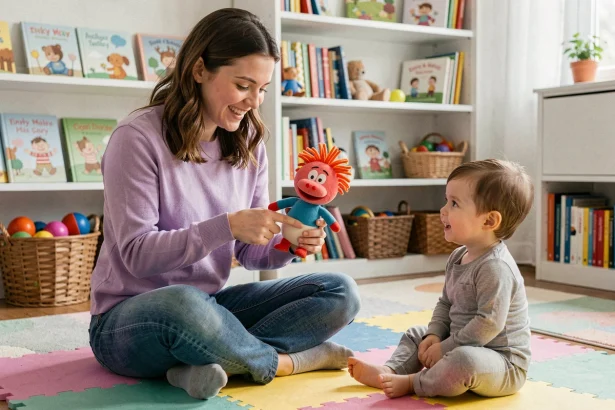 Jeune femme utilisant une peluche Tinky Winky pour stimuler le langage d'un tout-petit sur un tapis de jeu coloré