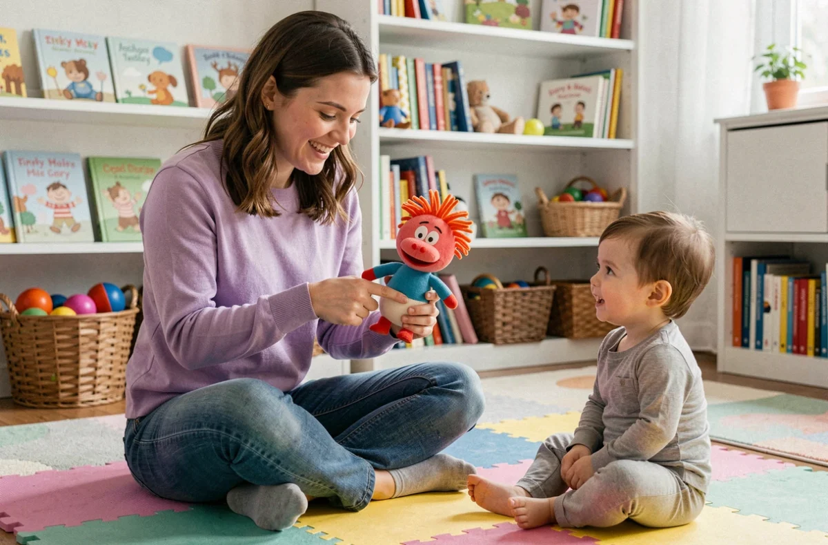 Jeune femme utilisant une peluche Tinky Winky pour stimuler le langage d'un tout-petit sur un tapis de jeu coloré