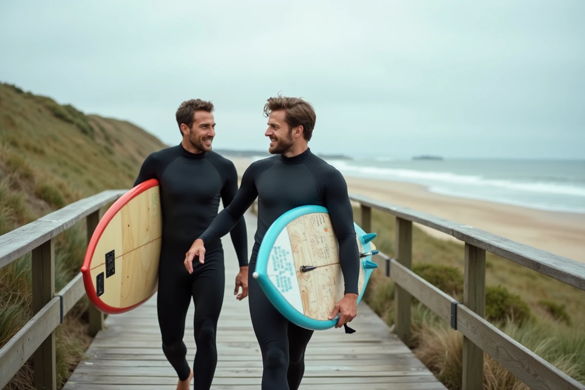 Deux surfeurs consultant un horaire de marée sur une passerelle en bois à Capbreton avant de surfer