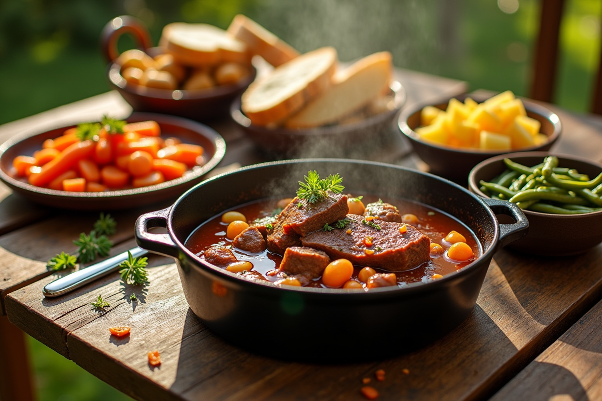 Table rustique avec bœuf bourguignon en cocotte