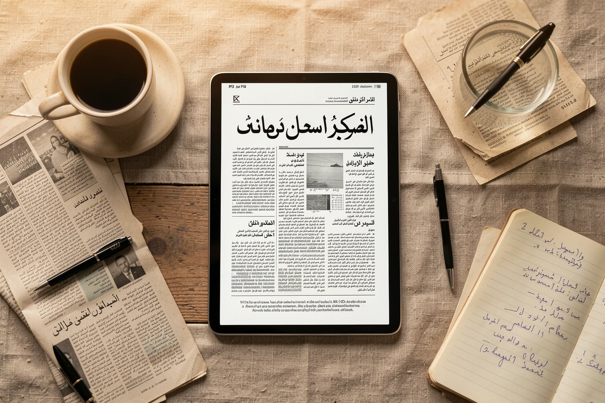 Vue de dessus d'une tablette affichant un PDF d'un journal arabe entourée de coupures de presse et de notes, symbolisant la recherche d'archives d'Elchorouk