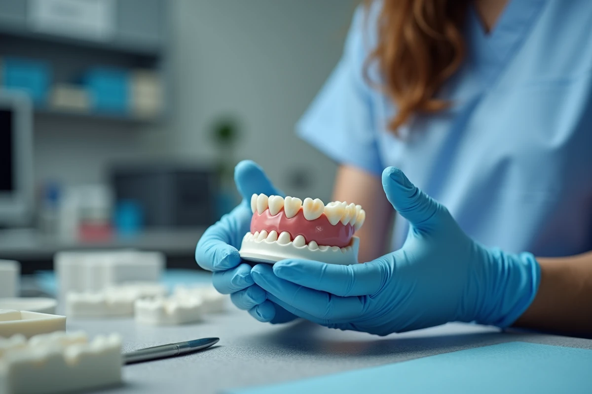 Technicienne dentaire manipulant un modele dentaire en laboratoire