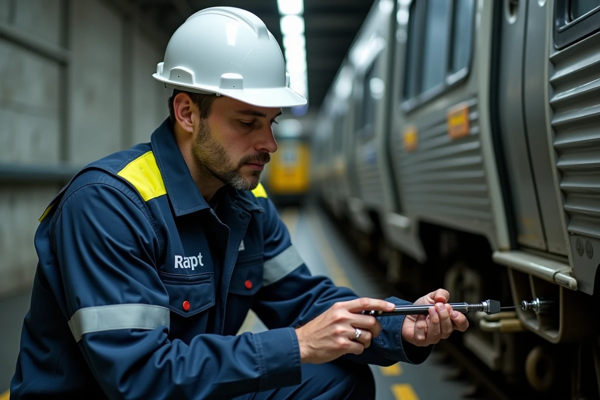 Technicien RATP en maintenance d'un train automatique de la ligne 4 dans un dépôt souterrain parisien