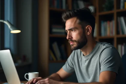 Homme devant un ordinateur portable consultant un site de téléchargement illégal, illustrant les risques liés à Hadopi en 2026