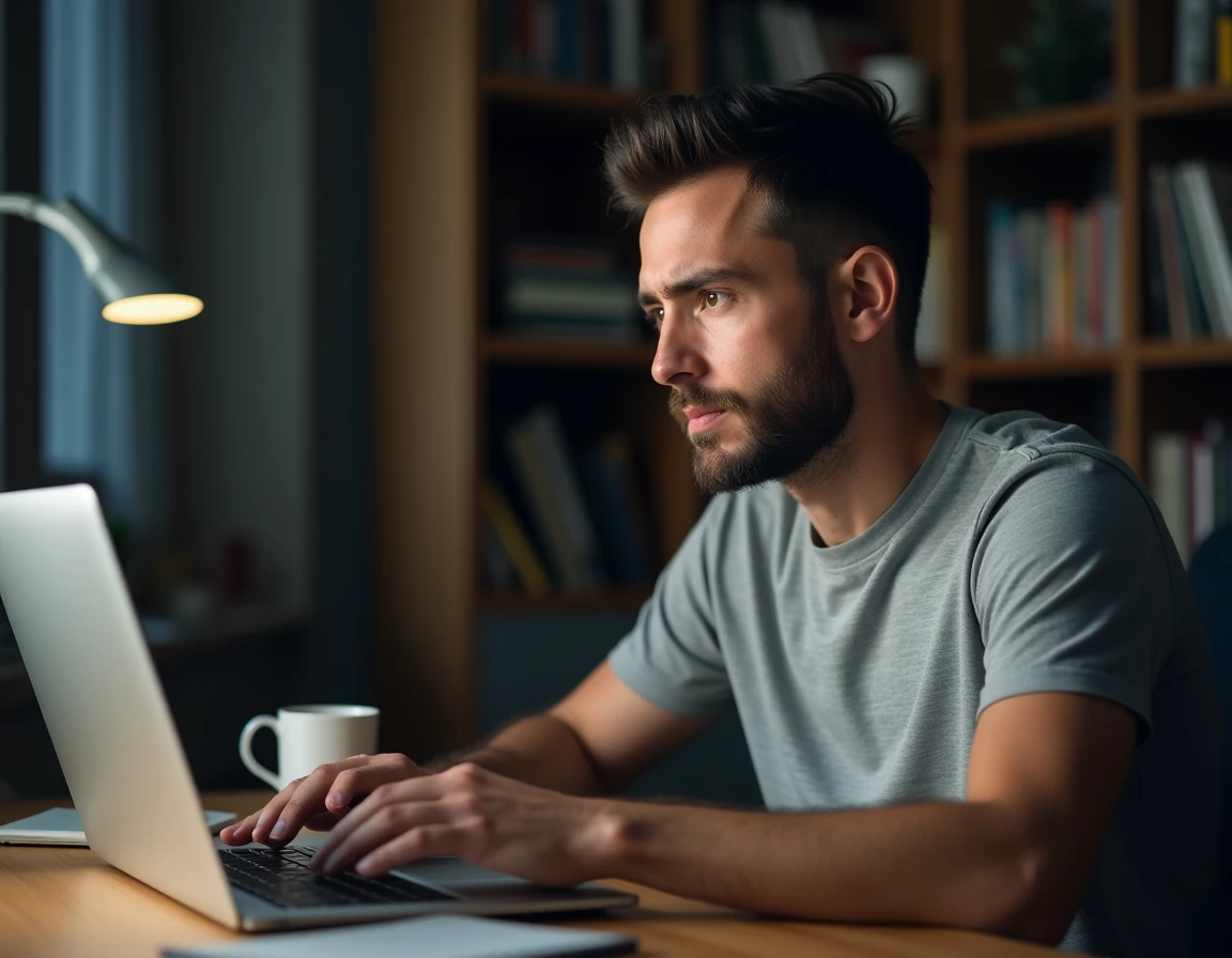 Homme devant un ordinateur portable consultant un site de téléchargement illégal, illustrant les risques liés à Hadopi en 2026