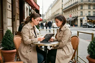 Femme attablée en terrasse d'un bistrot parisien près de la Tour Montparnasse avec carte manuscrite à la craie