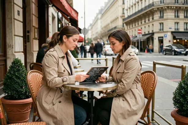 Femme attablée en terrasse d'un bistrot parisien près de la Tour Montparnasse avec carte manuscrite à la craie