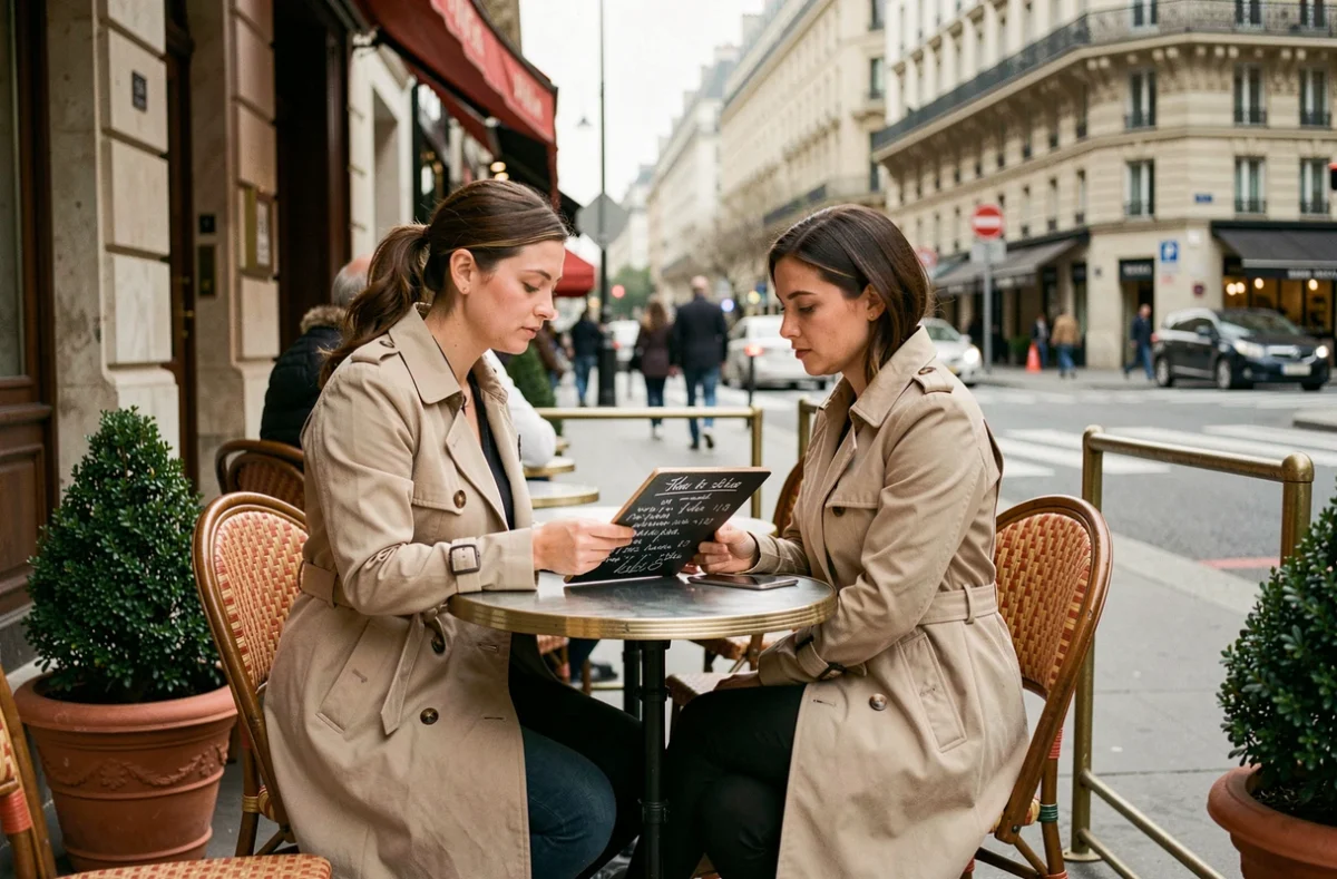 Femme attablée en terrasse d'un bistrot parisien près de la Tour Montparnasse avec carte manuscrite à la craie
