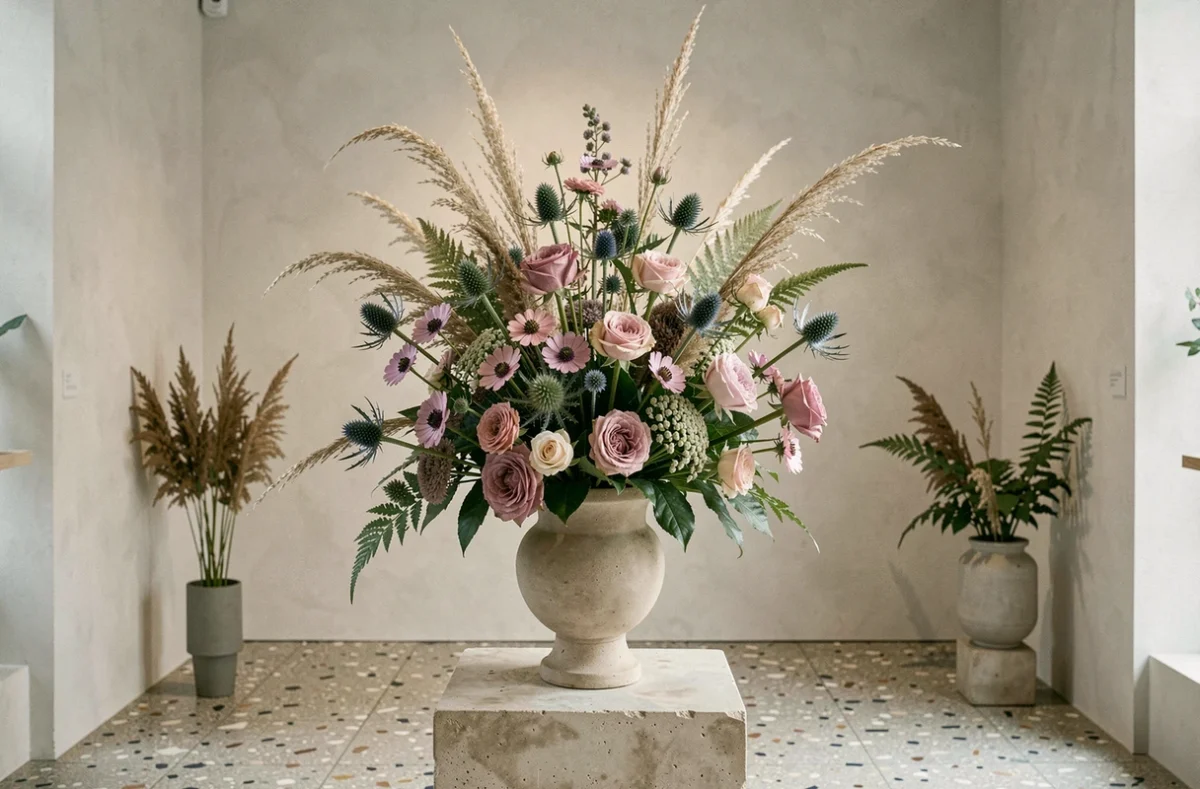Composition florale architecturale de chardons, scabieuses et roses dans un vase céramique sur socle en pierre, style boutique Thyrse à Paris