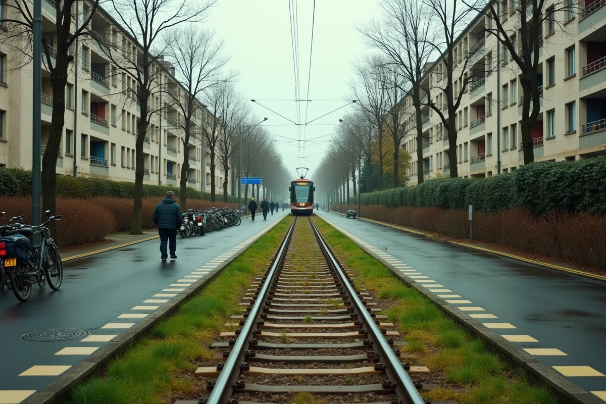 Vue du tracé de la ligne 2 du tramway traversant un quartier résidentiel de Nantes avec une rame au loin