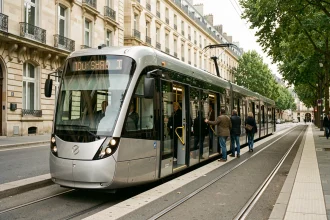 Tramway moderne à un arrêt du réseau de Bordeaux avec façades haussmanniennes en arrière-plan