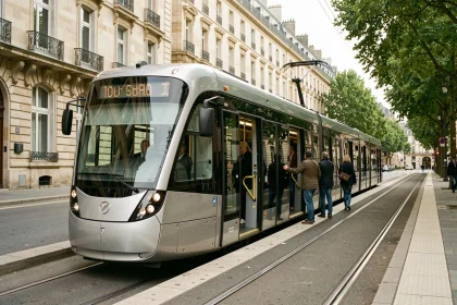 Tramway moderne à un arrêt du réseau de Bordeaux avec façades haussmanniennes en arrière-plan