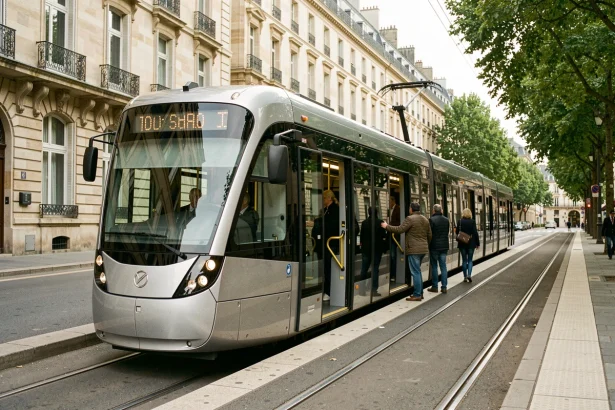 Tramway moderne à un arrêt du réseau de Bordeaux avec façades haussmanniennes en arrière-plan