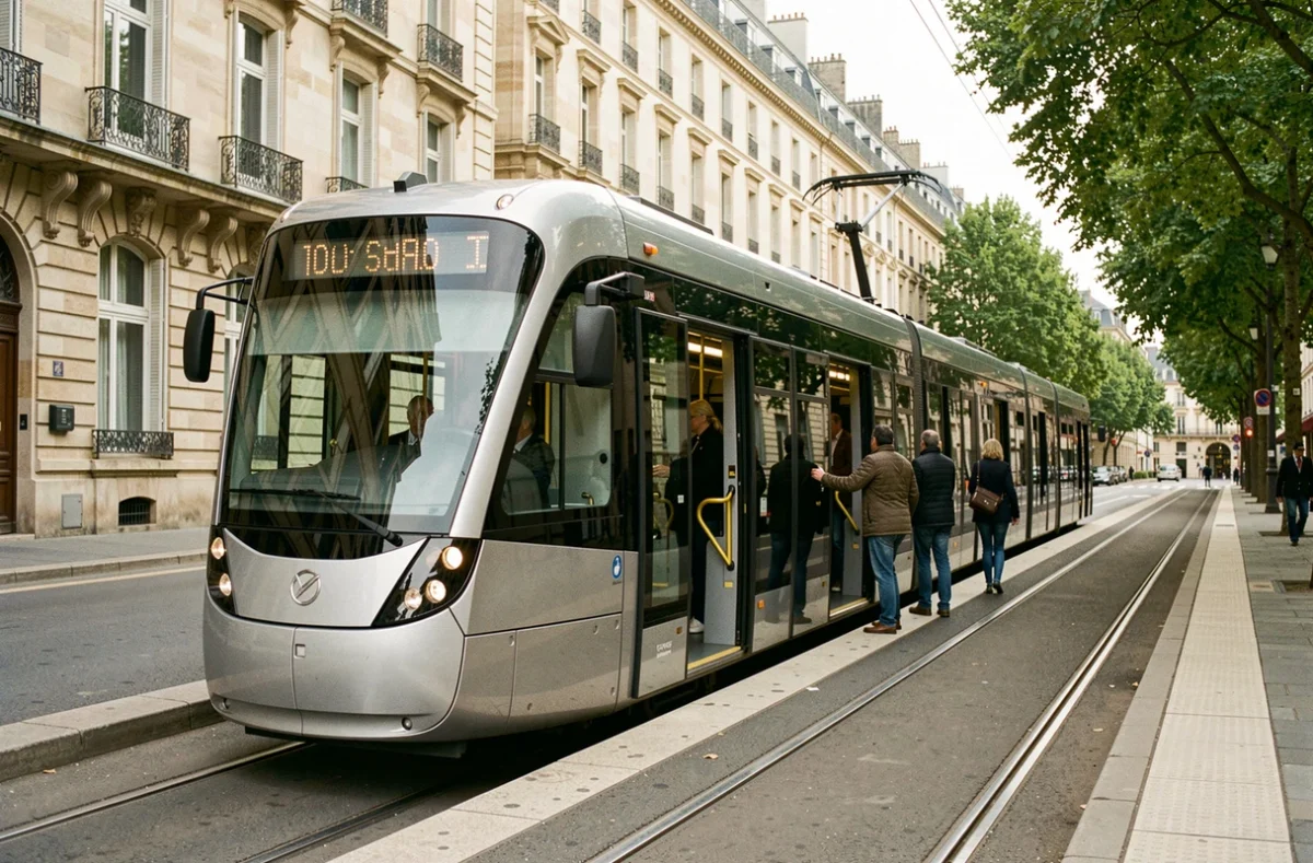 Tramway moderne à un arrêt du réseau de Bordeaux avec façades haussmanniennes en arrière-plan