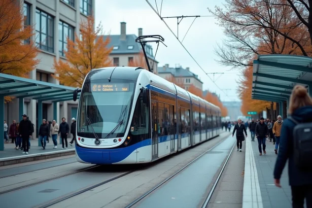 Tramway ligne 2 de Nantes à l'arrêt avec des voyageurs qui montent et descendent sur le quai