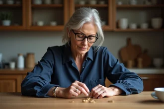 Femme examinant un poinçon sur une bague en or avec une loupe de bijoutier à la maison