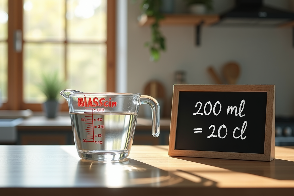 Verre mesureur avec 200 ml d'eau sur un plan de cuisine